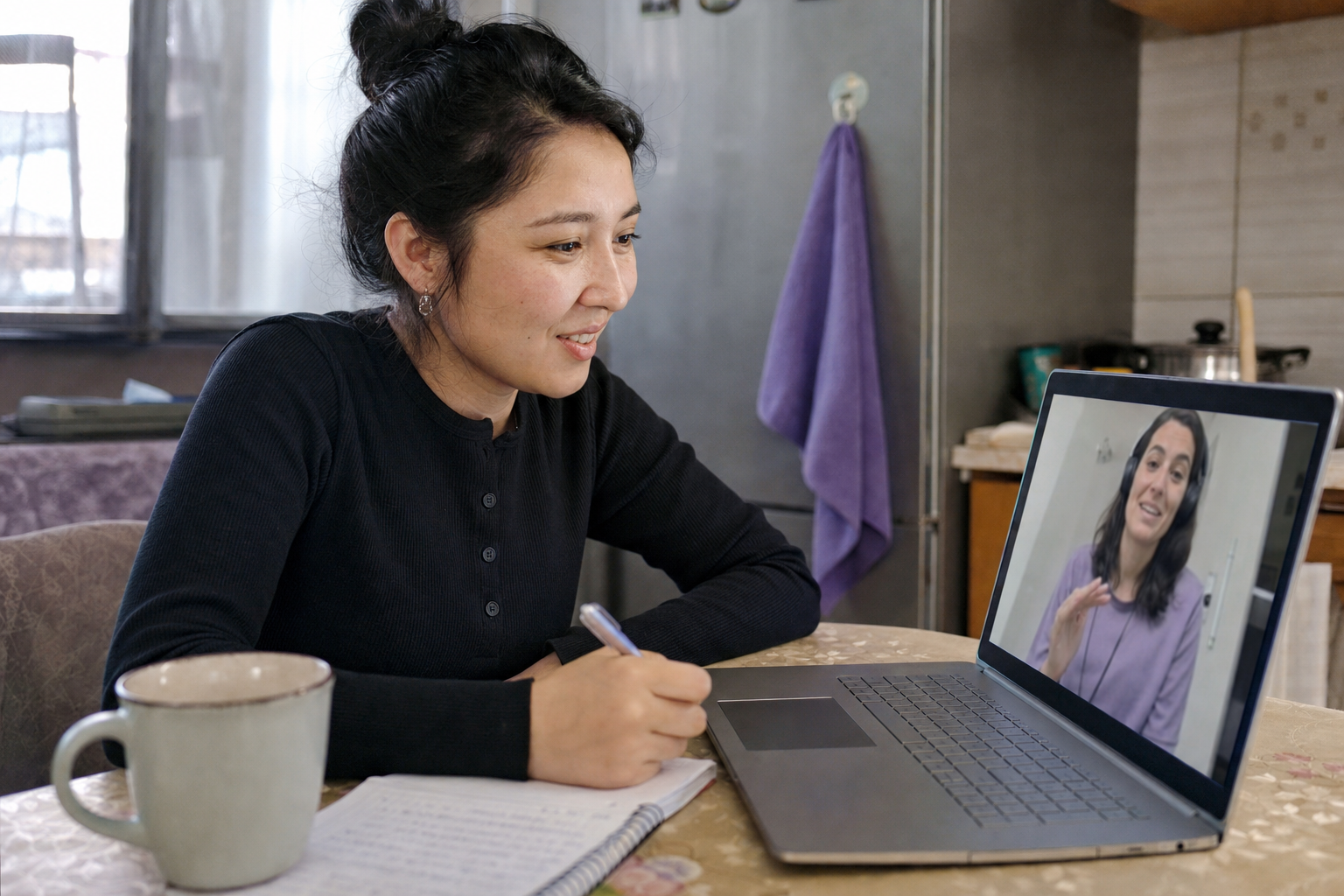 Adult learner taking part in a live one-to-one English lesson from home